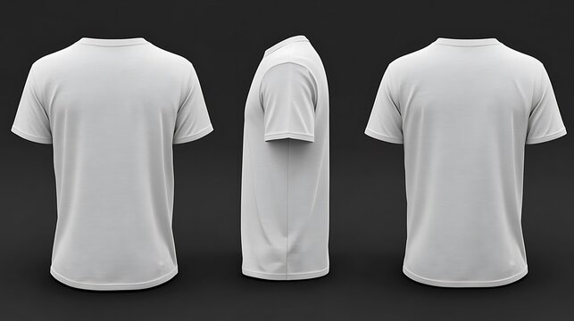 Three white blank t shirts displayed on dark gray background