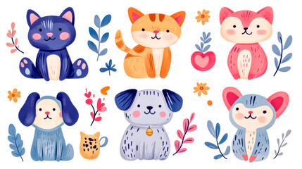 Adorable pets sticker set with playful puppies, kittens, fox, and chinchilla
