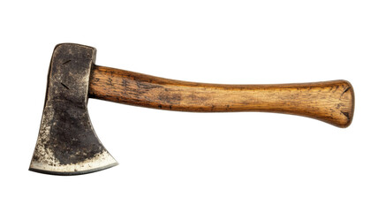 Old worn axe with wooden handle on transparent background