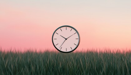 Daylight saving time begins concept. Floating clock above grass at sunset, symbolizing time and nature's tranquility.