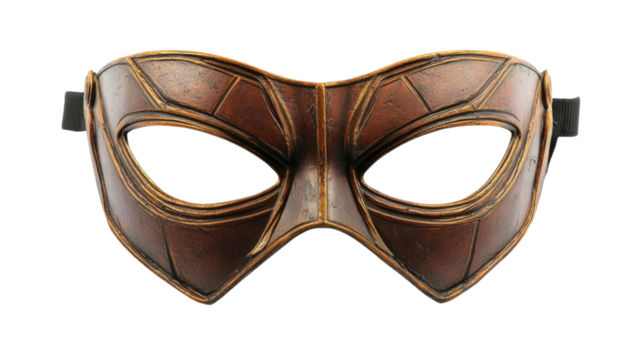 Brown and gold leather superhero mask isolated on transparent background