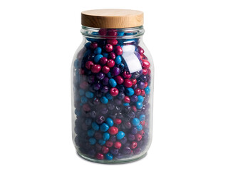 Colorful Candies inside a Clear Glass Jar with a Wooden Lid close up