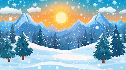 Naklejka premium Snowy mountain sunset winter landscape illustration