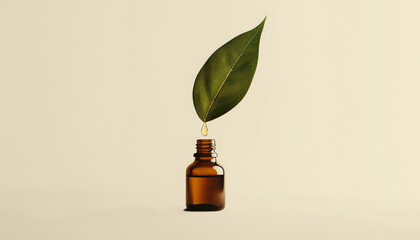 Natural Essential Oil Drop from Leaf into Bottle  
