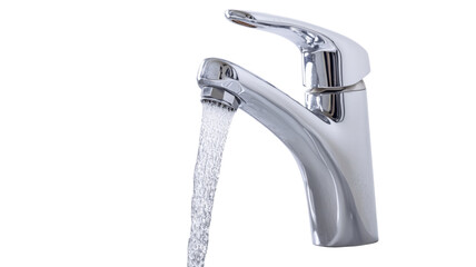 Chrome faucet pouring water with transparent background