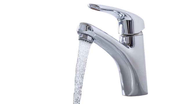 Chrome faucet pouring water with transparent background