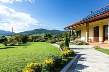 Fototapeta premium Charming countryside home showcasing traditional architecture and a warm, inviting atmosphere.