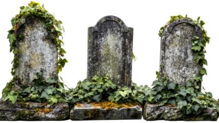 Three old tombstones covered by ivy on transparent background