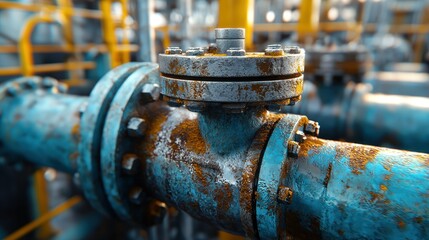 Close-up of rusty blue industrial pipe valve