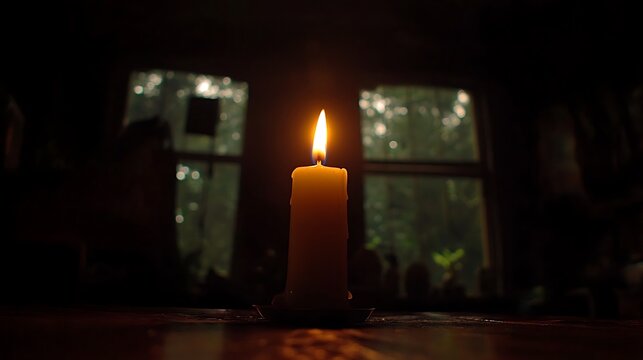 A brightly lit candle burning in a dim interior setting