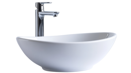 Modern white ceramic sink with chrome faucet on transparent background