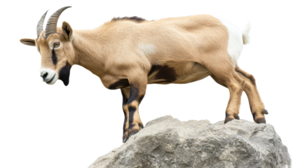 Brown goat standing on a rock with transparent background