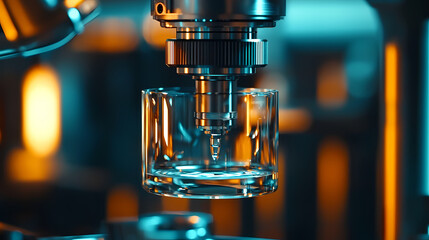 A high-tech machine is delicately placing a glass onto a platform, showcasing precision and modern design elements in a vibrant, illuminated setting.