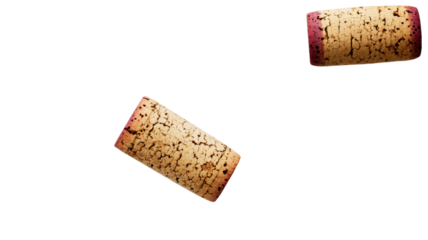 Two wine corks falling on transparent background