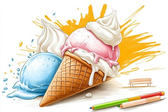Dibujo infantil del verano con helados y colores brillantes en un d&iacute;a de vacaciones