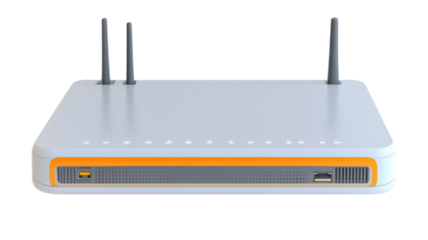 White wi-fi router with two antennas providing wireless internet connectivity on transparent background