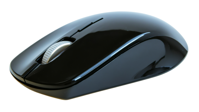 Wireless black computer mouse with scroll wheel on transparent background