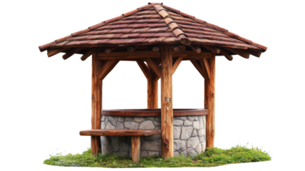 Old wooden water well with stone foundation and roof tiles on transparent background