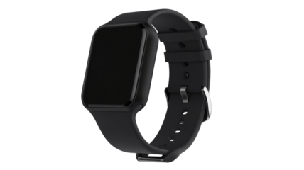 Modern smartwatch with black strap showing blank screen on transparent background