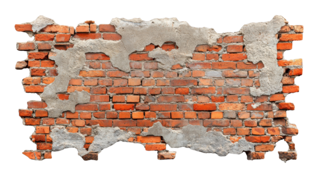 Old damaged brick wall with mortar and transparent background showing through - Powered by Adobe