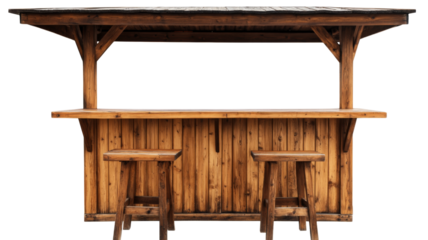 Wooden street food stall with stools and transparent background