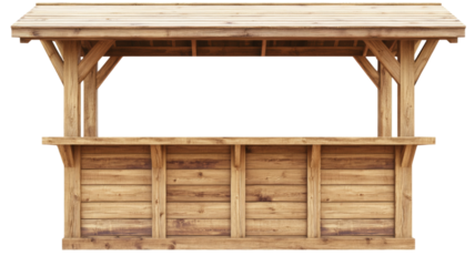 Empty wooden market stall with roof on transparent background