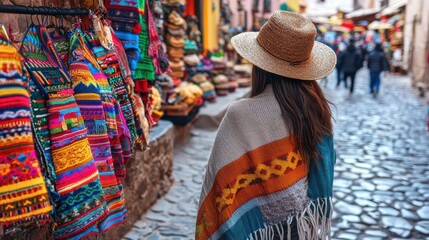 Fototapeta premium Colorful Street Market with Traditional Textiles and Woman Wearing Hat in Vibrant Artisan District