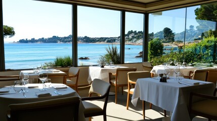 Fototapeta premium Seaside restaurant with ocean views, dining tables, and white decor