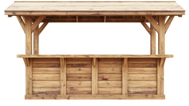 Empty wooden market stall with roof on transparent background