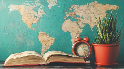 Vintage World Map with Open Book, Clock, and Potted Plant on Wooden Table in Cozy Study Environment