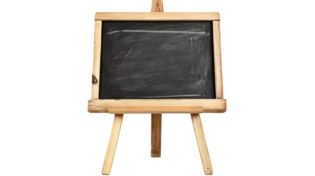 Small wooden blackboard easel showing empty space for text on transparent background