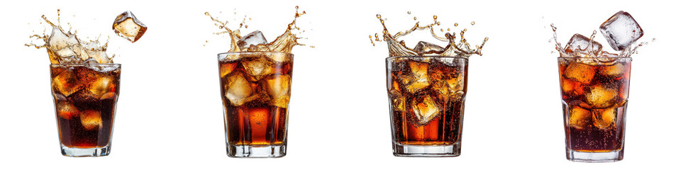 Vibrant and refreshing cold carbonated cola soda with ice cubes and a splash of liquid served in a glass with citrus garnishes