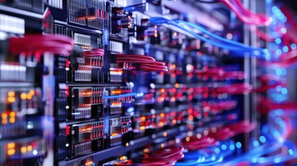 A futuristic data center bustling with advanced technology and enterprise solutions for the digital age.