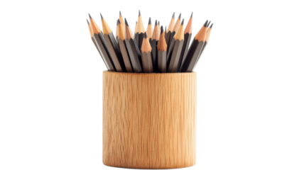 Pencils standing in wooden pot on transparent background
