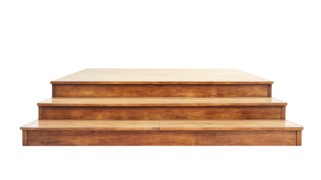 Wooden staircase leading to empty platform on transparent background