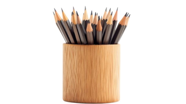 Pencils standing in wooden pot on transparent background
