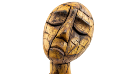 Ancient wooden statue expressing sadness on transparent background