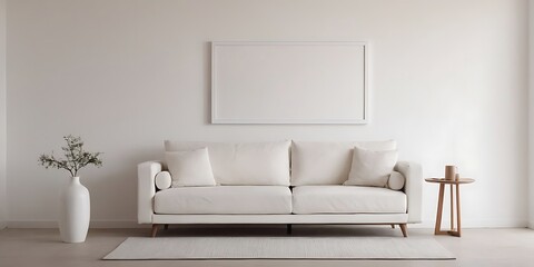 poster mockup in living room,A simple, modern setting with a blank wooden-framed canvas resting on a chevron-patterned,2