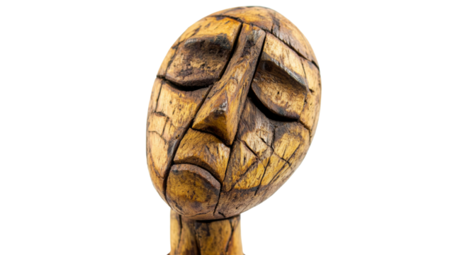 Ancient wooden statue expressing sadness on transparent background