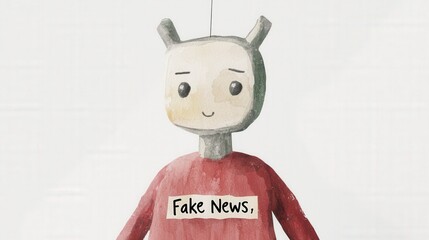 A playful puppet character with a lighthearted expression wearing a shirt that says "Fake News," symbolizes the idea of misinformation in media.
