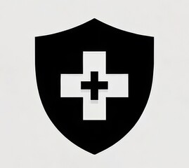 Obraz premium A powerful black shield emblazoned with a stark white cross, symbolizing unwavering protection and medical security against a simple, bright background.