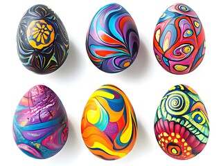 A collection of six Easter eggs decorated with mesmerizing swirling patterns in vivid colors. Each egg exudes a modern, creative vibe, perfect for festive project
