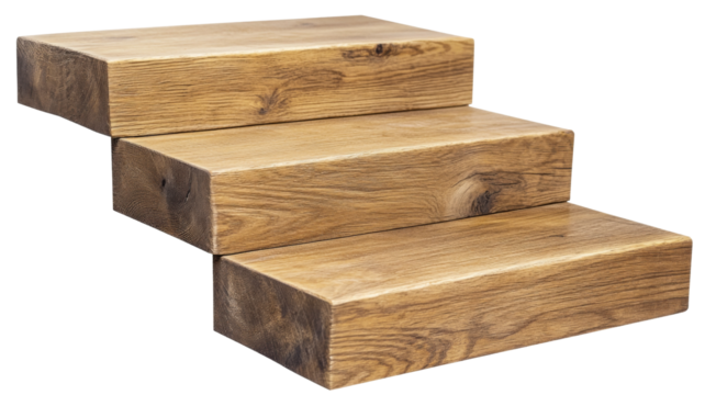 Three wooden steps floating on transparent background
