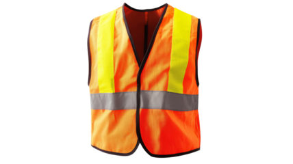 High-visibility safety vest with reflective stripes on transparent background