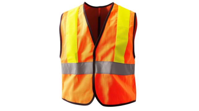 High-visibility safety vest with reflective stripes on transparent background