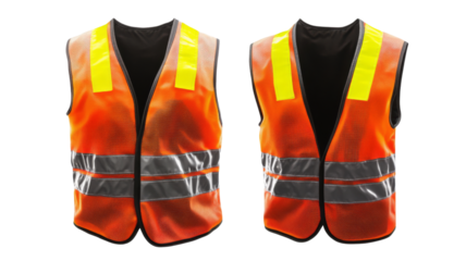 Two orange safety vests with reflective stripes on transparent background
