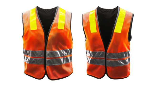 Two orange safety vests with reflective stripes on transparent background