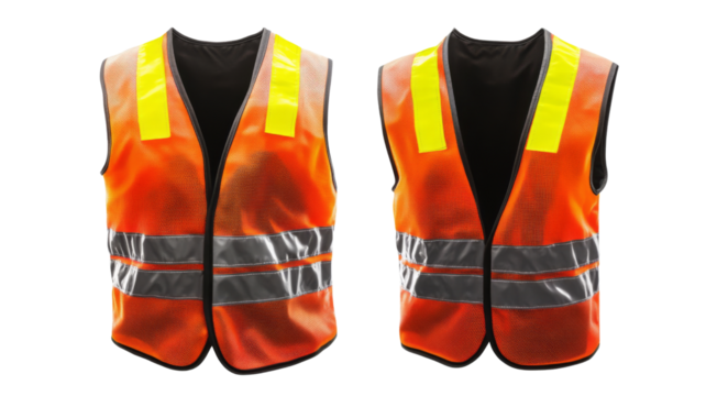 Two orange safety vests with reflective stripes on transparent background