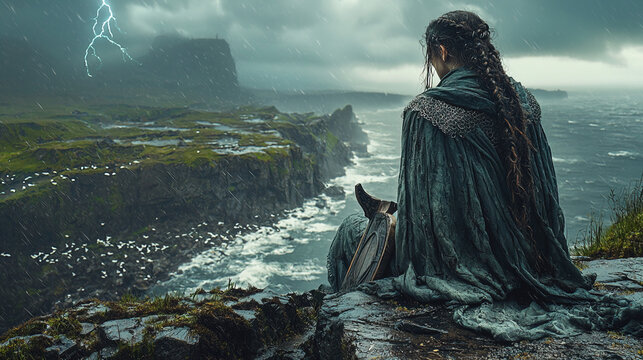 Female Viking Skald Reciting Epic Sagas During Coastal Storm with Bear Claw Lyre
