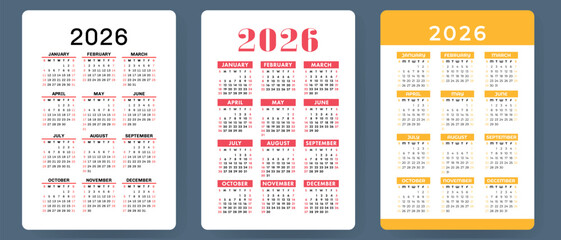 Calendar 2026. Colorful vector set. Pocket calender collection. Week starts on Sunday. Basic grid template for print